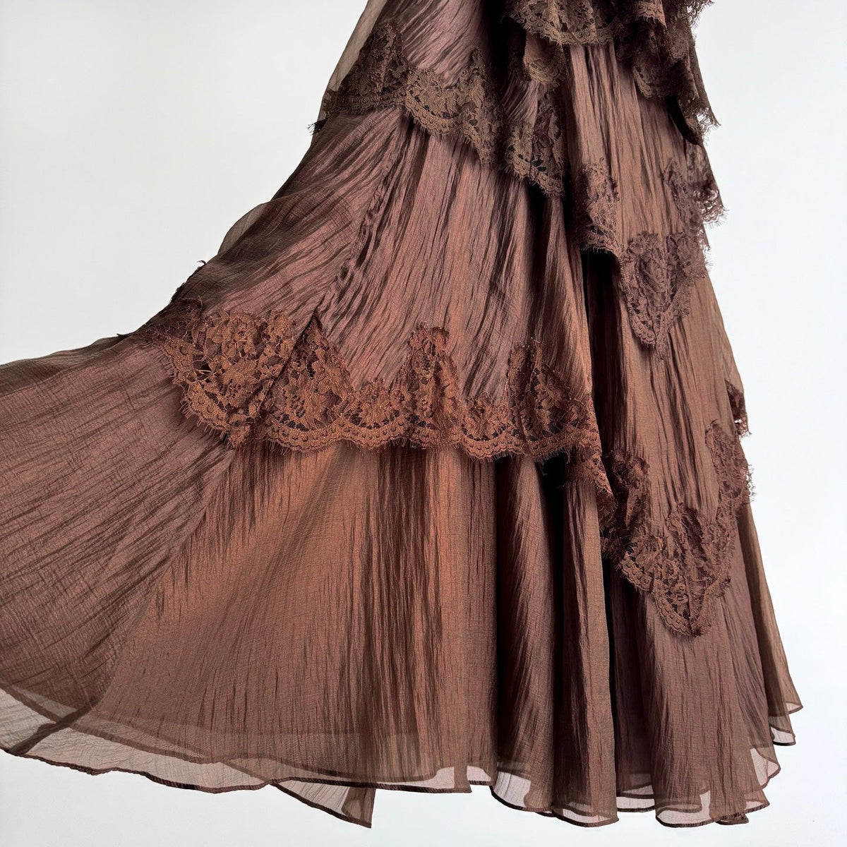 Brown Tiered Ruffle Maxi Slip Dress with Lace Rrim
