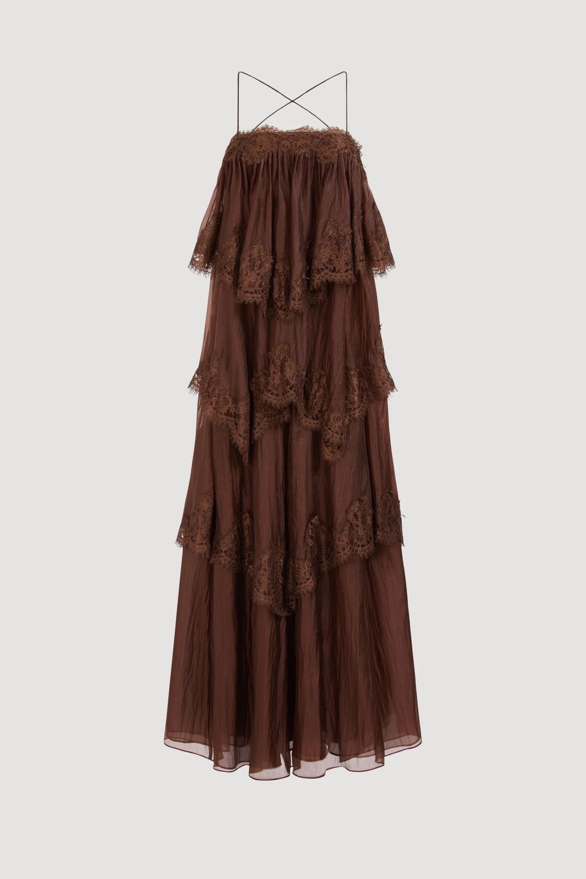 Brown Tiered Ruffle Maxi Slip Dress with Lace Rrim