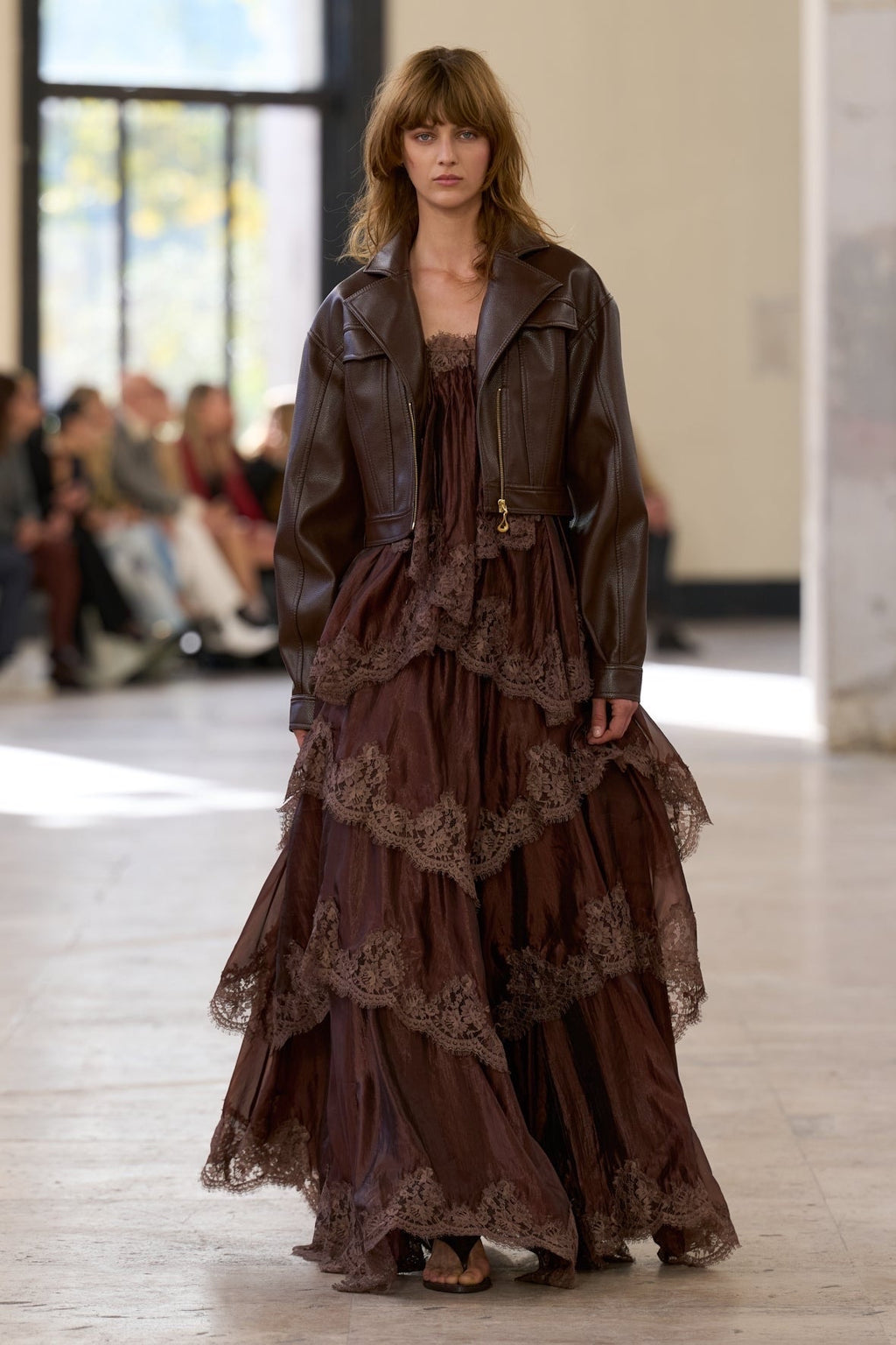 Brown Tiered Ruffle Maxi Slip Dress with Lace Rrim