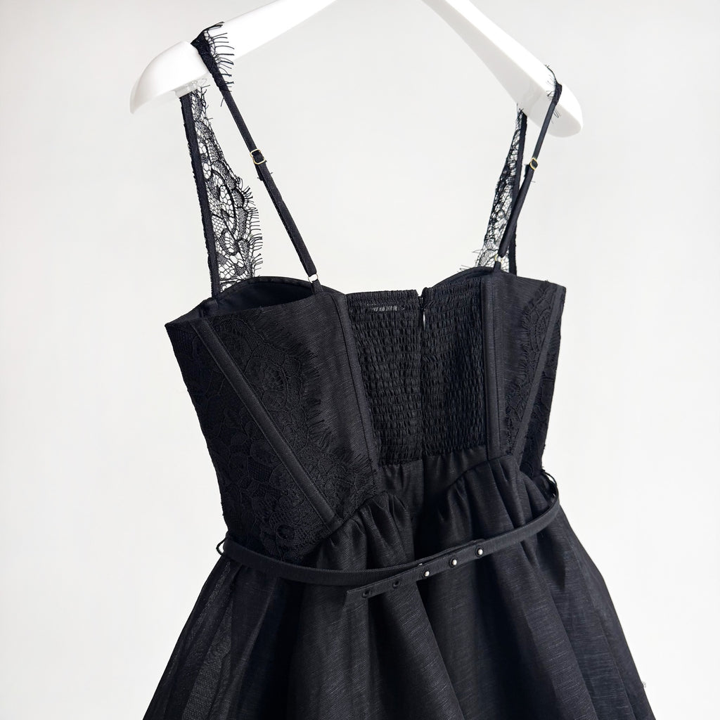 Lace Paneled Short Cami Linen-Silk Dress