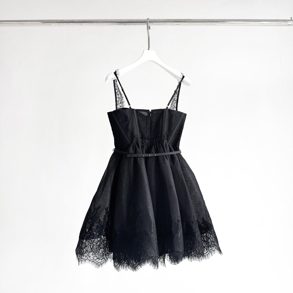 Lace Paneled Short Cami Linen-Silk Dress