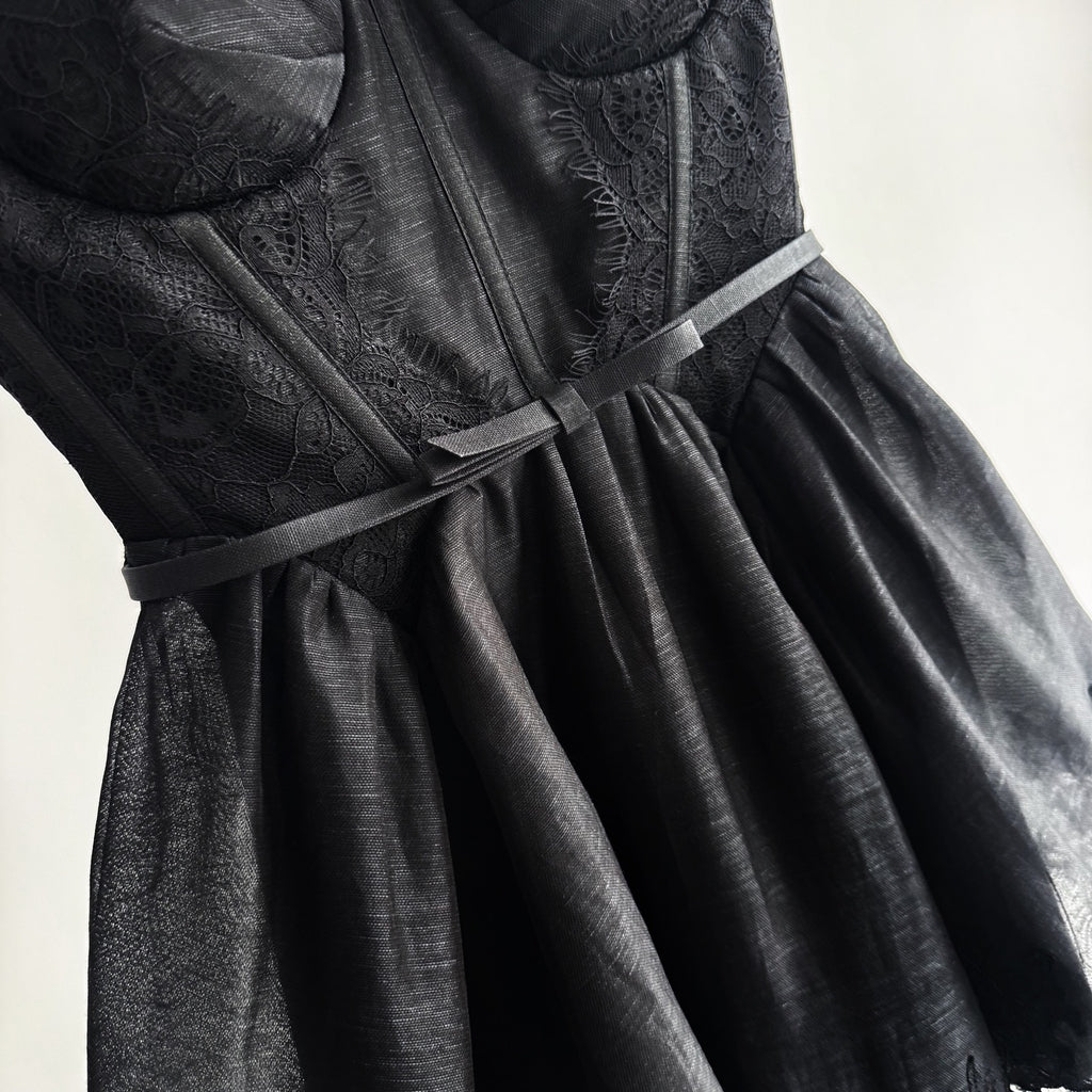 Lace Paneled Short Cami Linen-Silk Dress