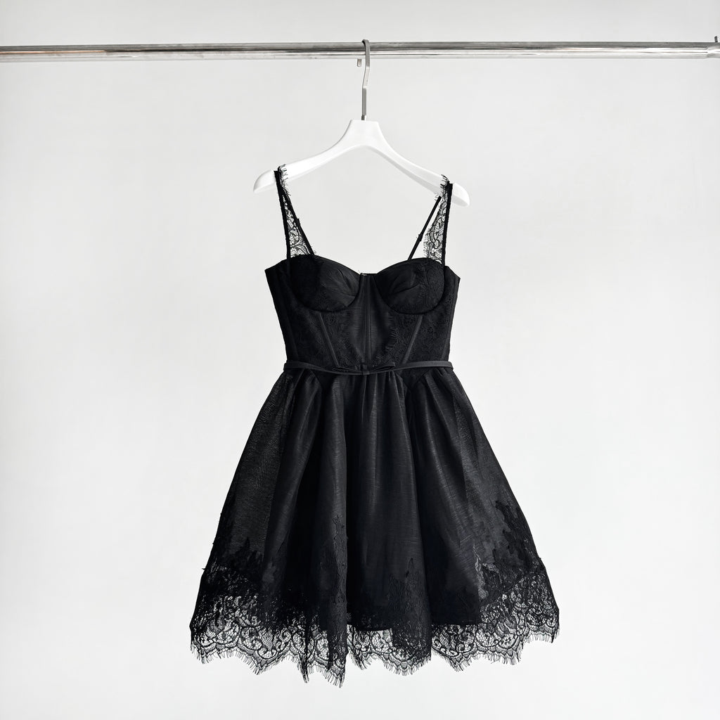 Lace Paneled Short Cami Linen-Silk Dress