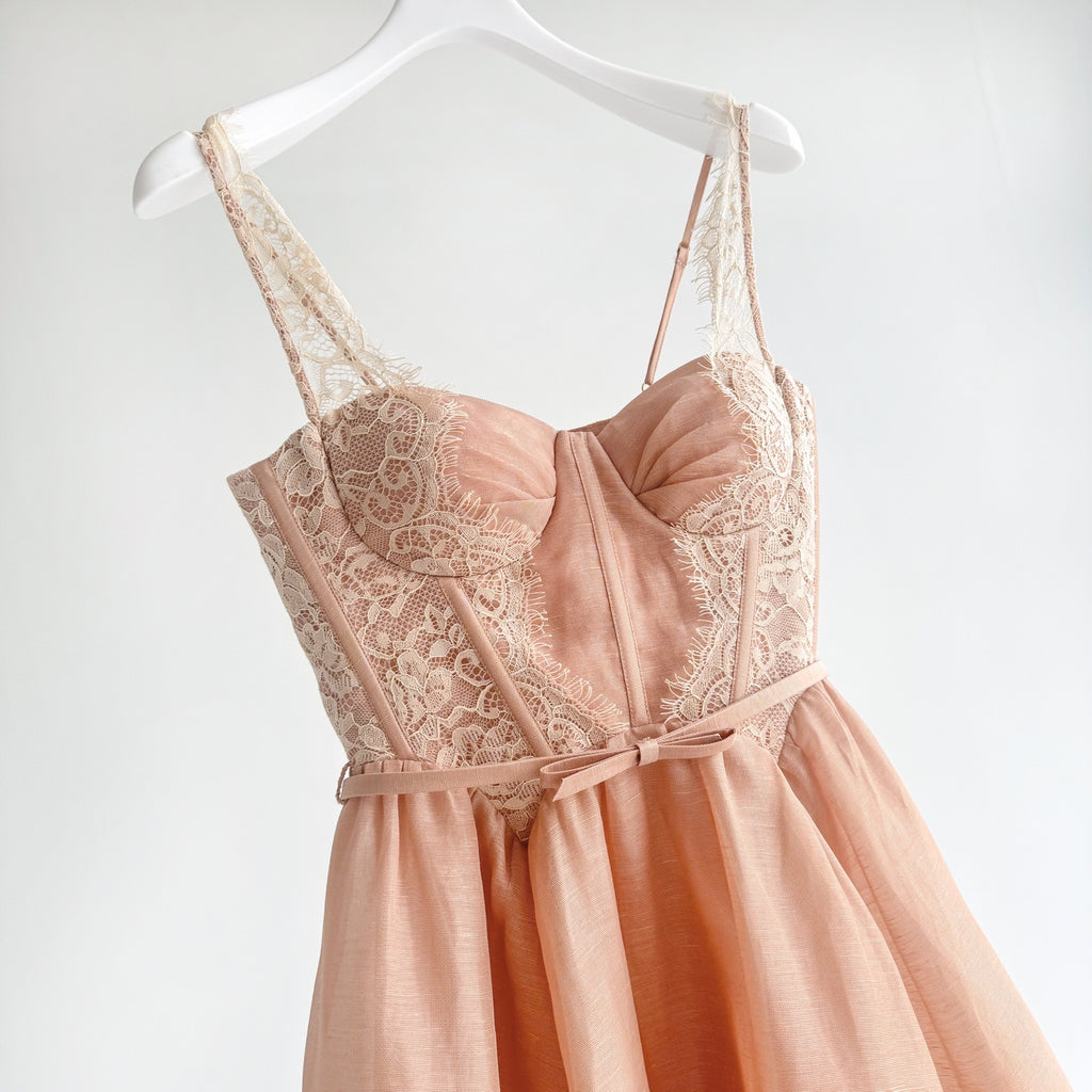 Lace Paneled Short Cami Linen-Silk Dress