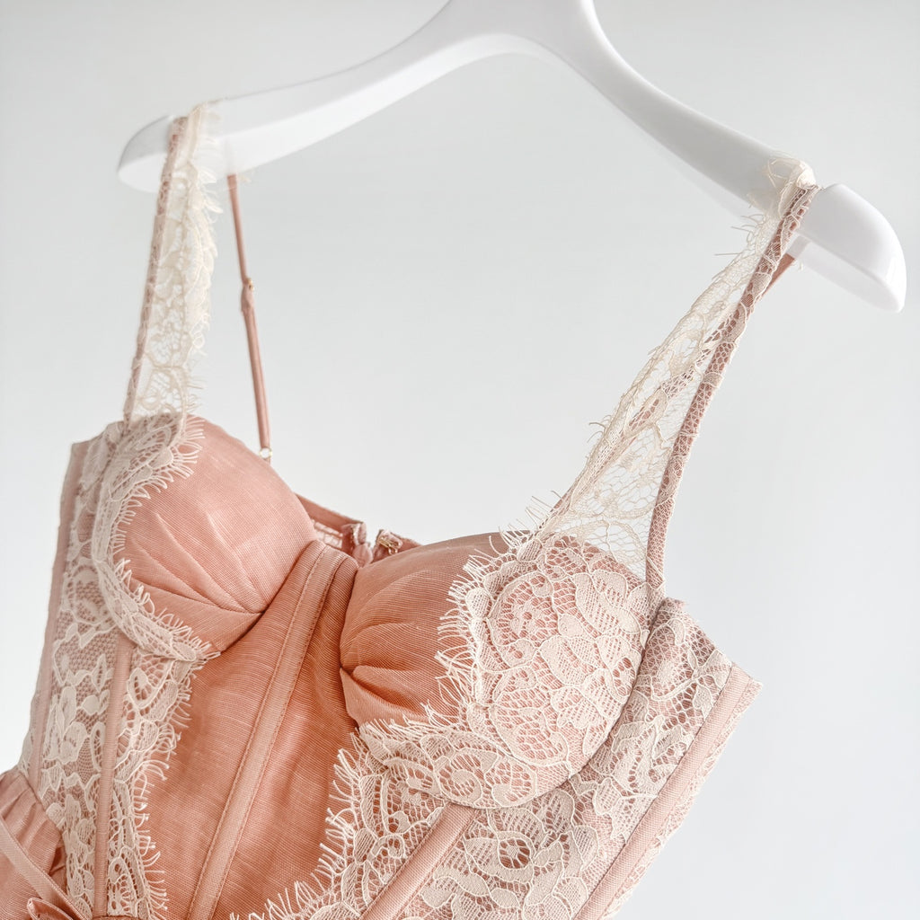 Lace Paneled Short Cami Linen-Silk Dress