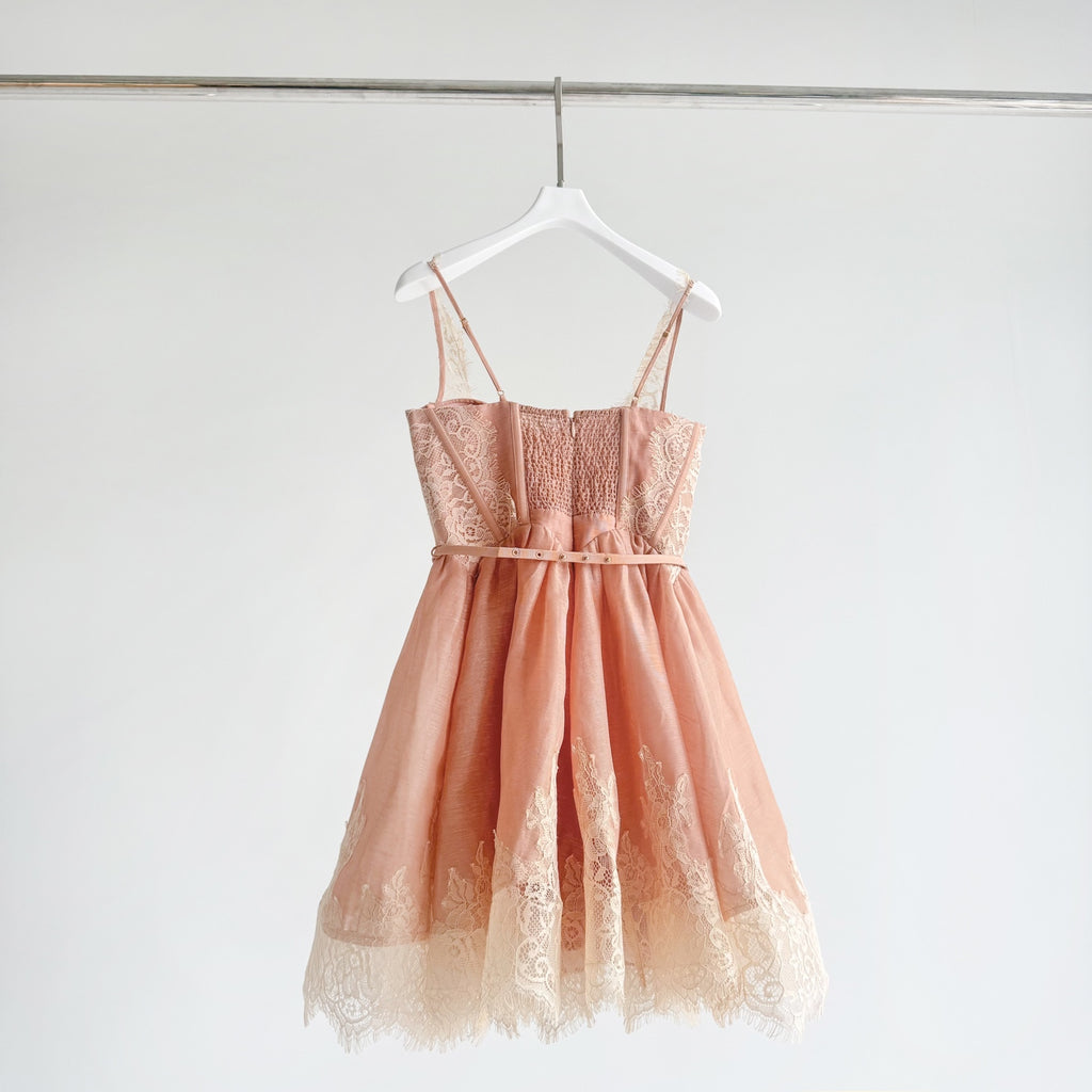 Lace Paneled Short Cami Linen-Silk Dress