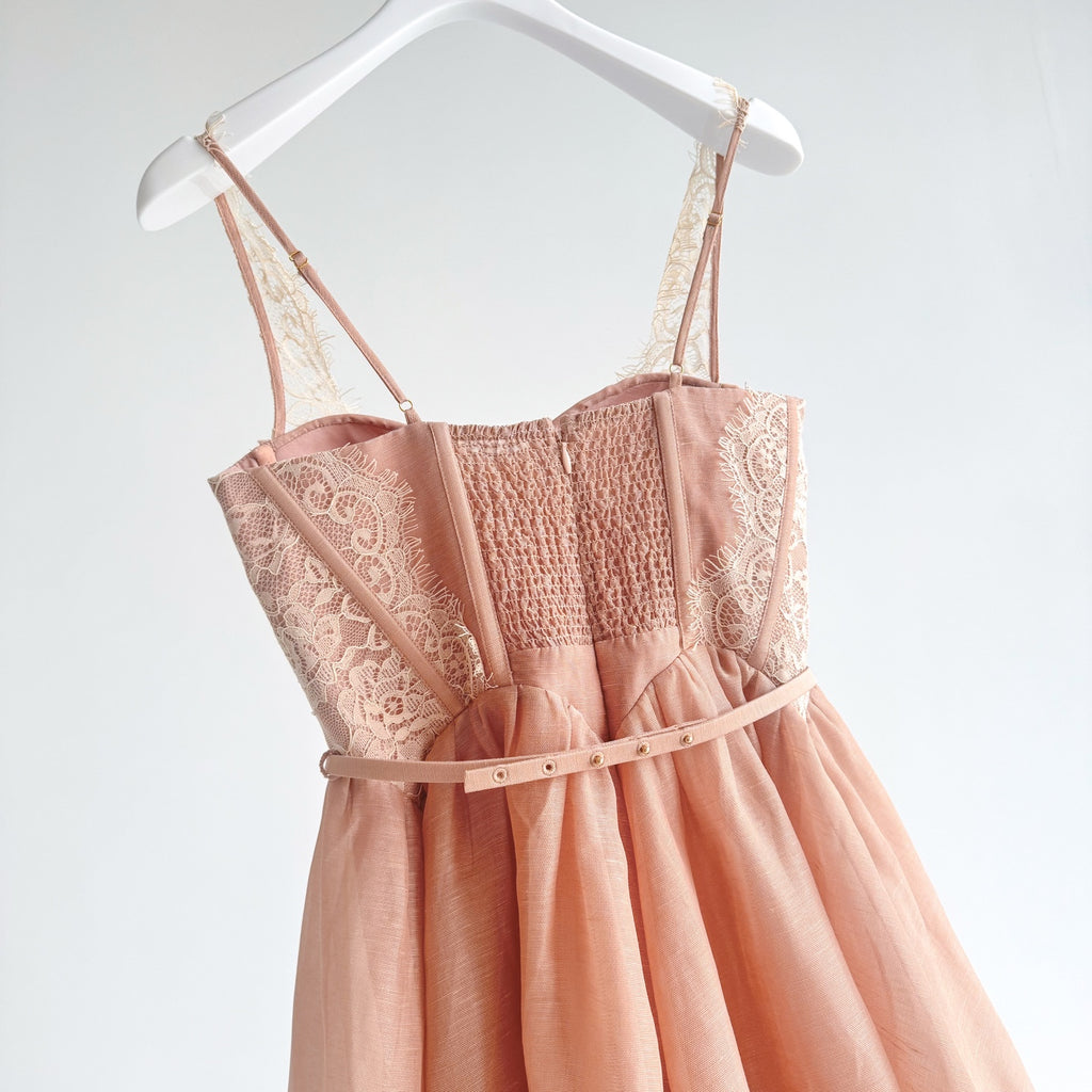 Lace Paneled Short Cami Linen-Silk Dress