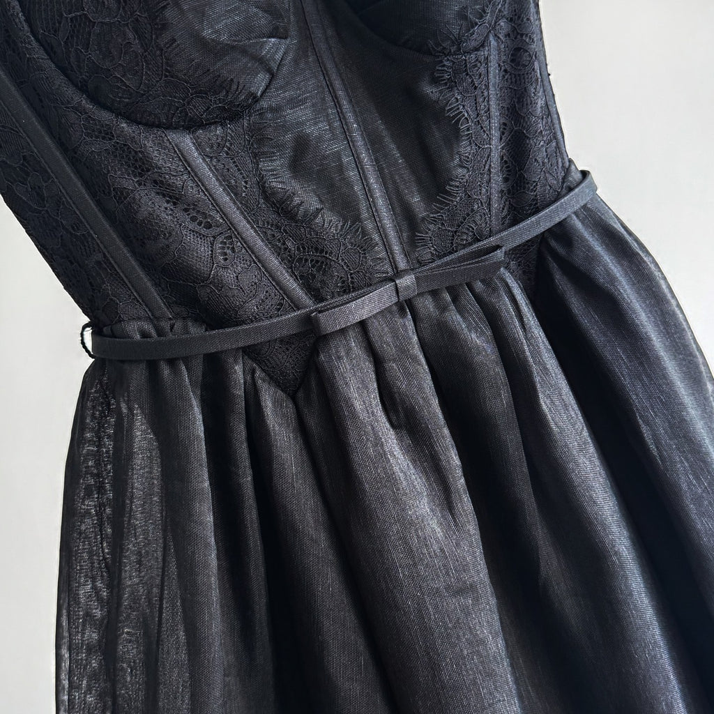 Lace Trim Linen Silk Slip Long Dress