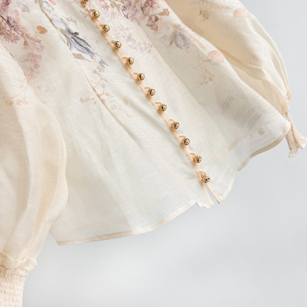 Elegant printed silk-linen blouse