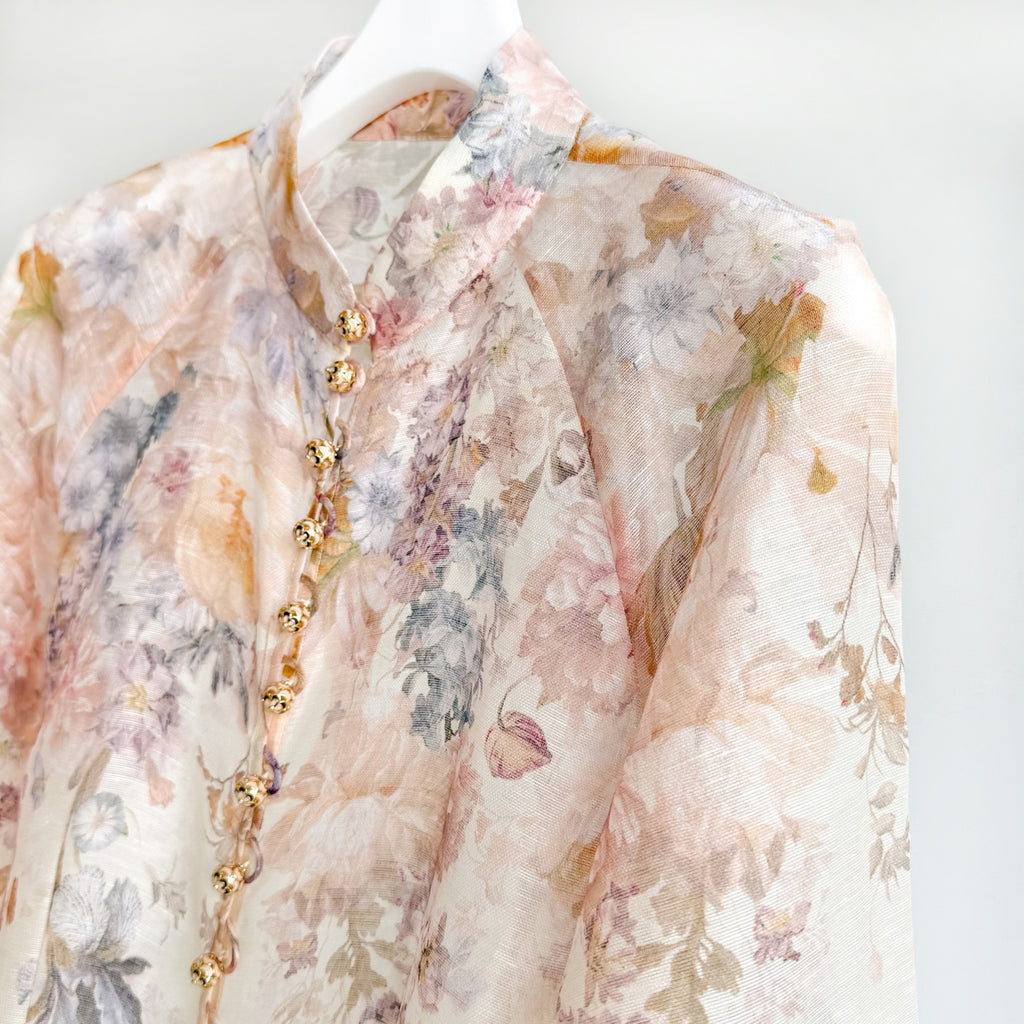 Elegant printed silk-linen blouse