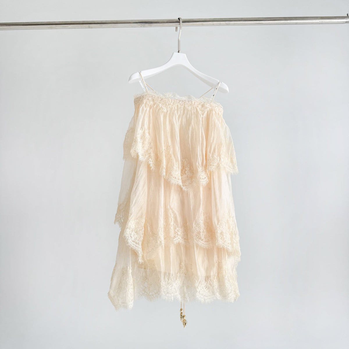 Cream Apricot Tiered Lace Irregular Ruffle Mini Dress