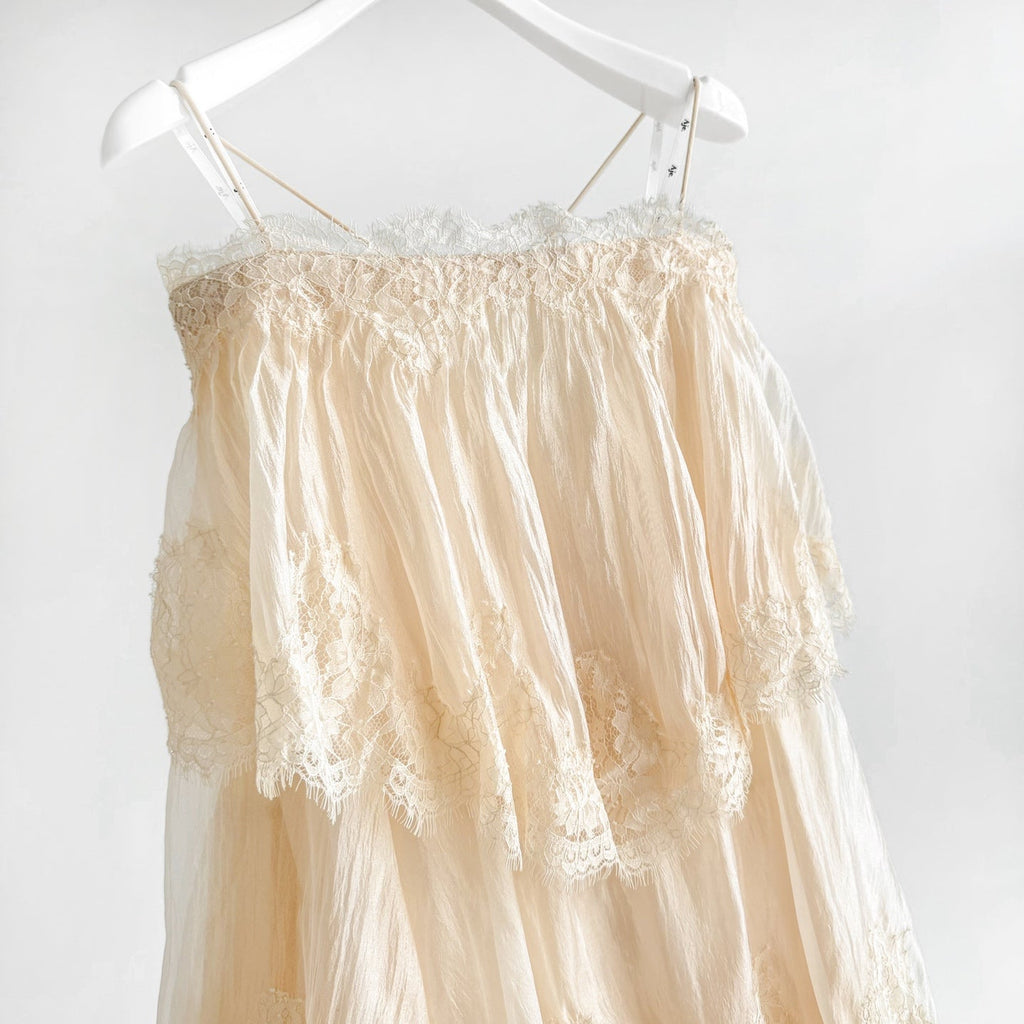 Cream Apricot Tiered Lace Irregular Ruffle Mini Dress