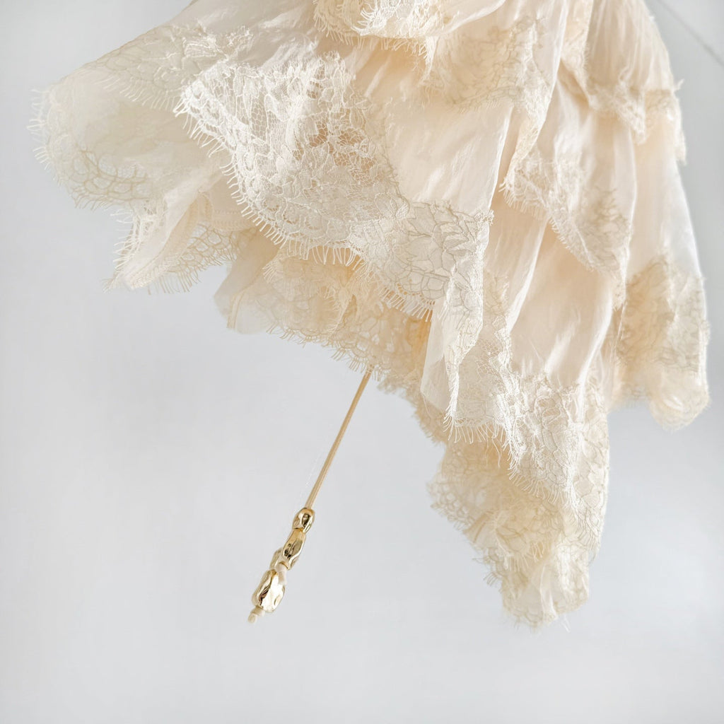 Cream Apricot Tiered Lace Irregular Ruffle Mini Dress