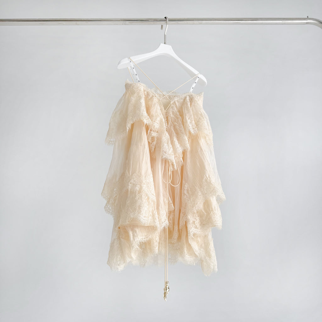 Cream Apricot Tiered Lace Irregular Ruffle Mini Dress