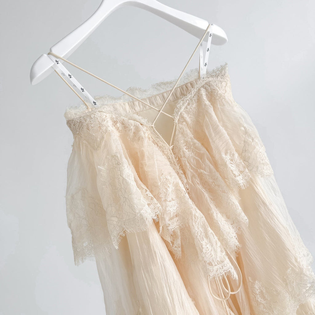 Cream Apricot Tiered Lace Irregular Ruffle Mini Dress