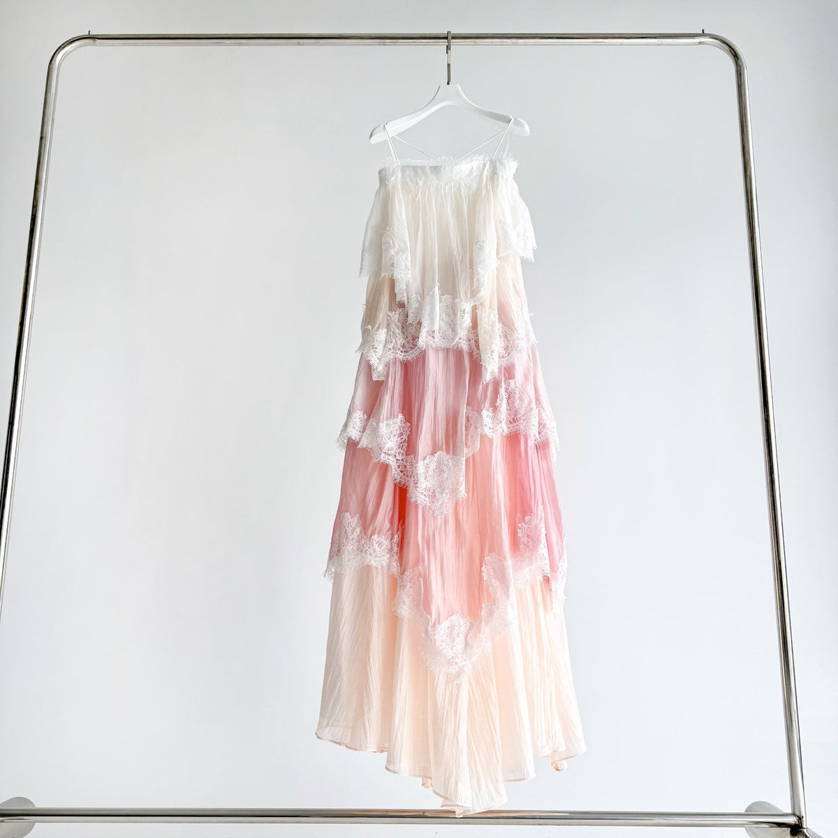 Gradient Pink Tiered Lace Maxi Dress