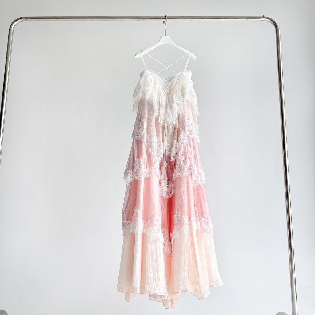 Gradient Pink Tiered Lace Maxi Dress