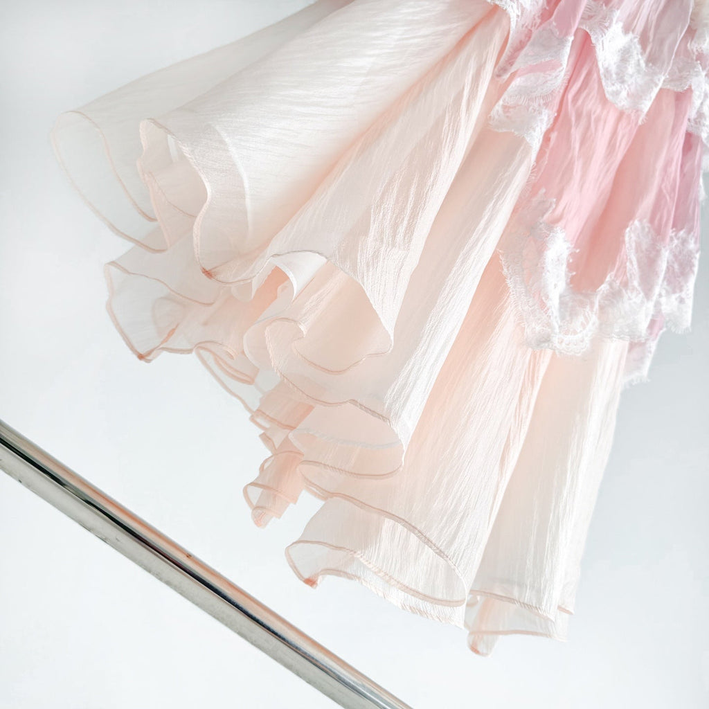 Gradient Pink Tiered Lace Maxi Dress