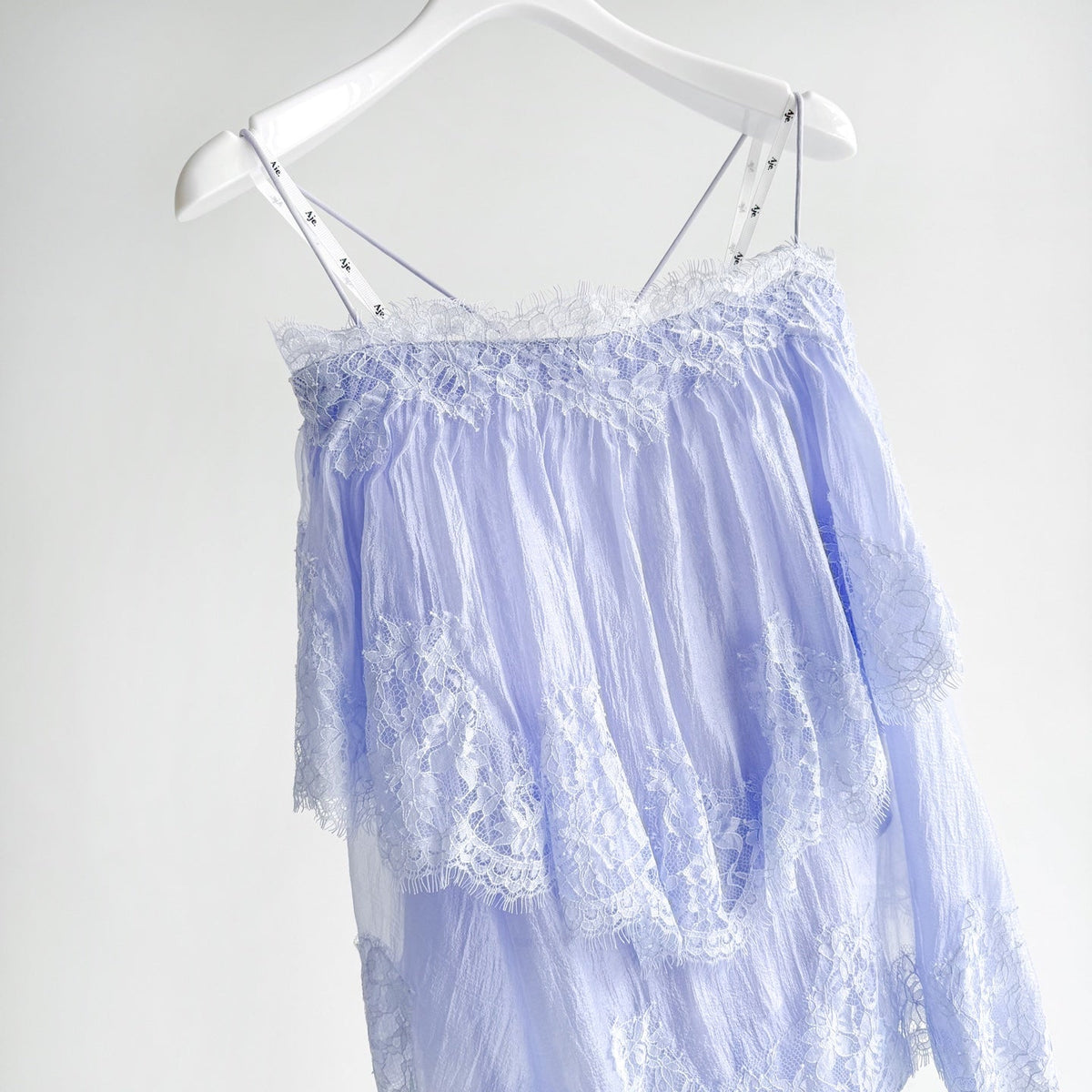 Light Blue and Brown Thin Strap Tiered Lace Off Blouse