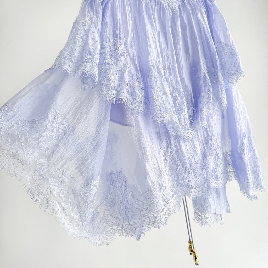 Light Blue and Brown Thin Strap Tiered Lace Off Blouse