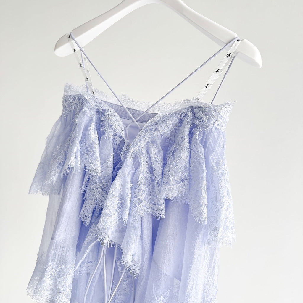 Light Blue and Brown Thin Strap Tiered Lace Off Blouse