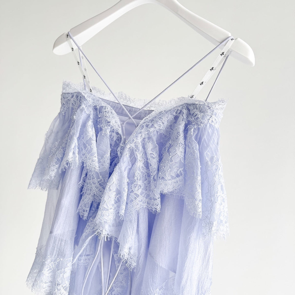 Light Blue and Brown Thin Strap Tiered Lace Off Blouse