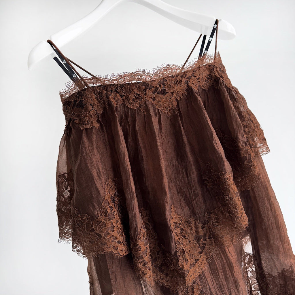 Light Blue and Brown Thin Strap Tiered Lace Off Blouse