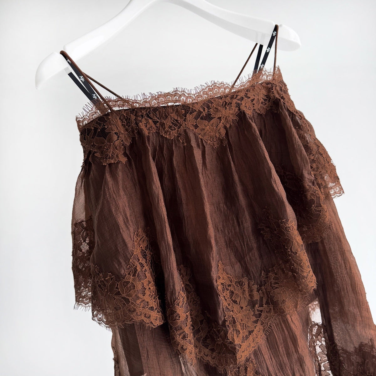 Light Blue and Brown Thin Strap Tiered Lace Off Blouse