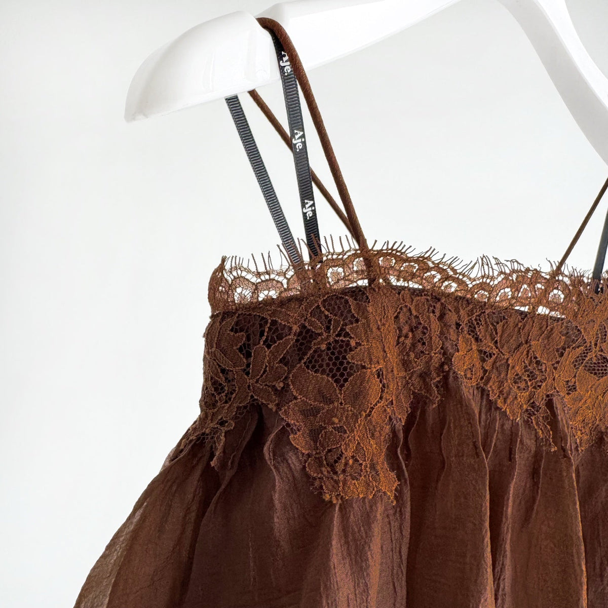 Light Blue and Brown Thin Strap Tiered Lace Off Blouse