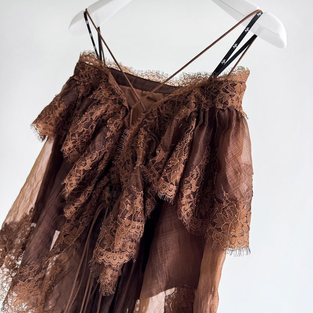 Light Blue and Brown Thin Strap Tiered Lace Off Blouse
