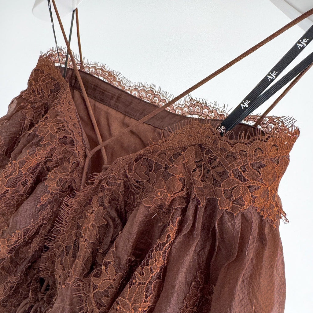 Light Blue and Brown Thin Strap Tiered Lace Off Blouse