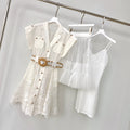 Island Vacation Embroidered Waist-Cinching Lapel Shirt Dress
