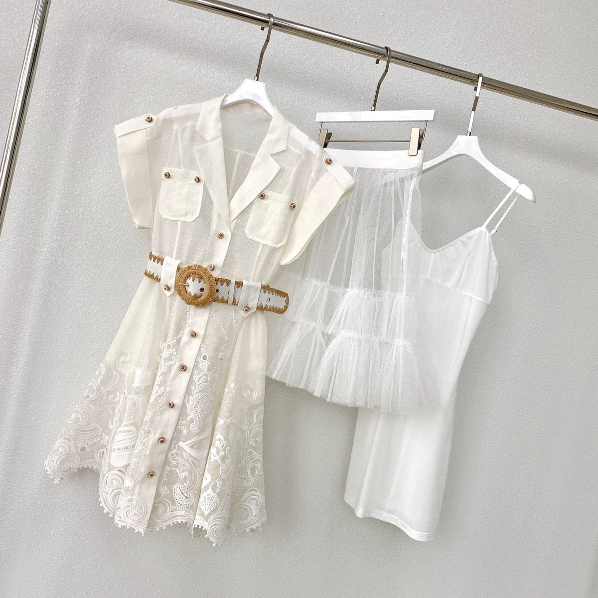 Island Vacation Embroidered Waist-Cinching Lapel Shirt Dress