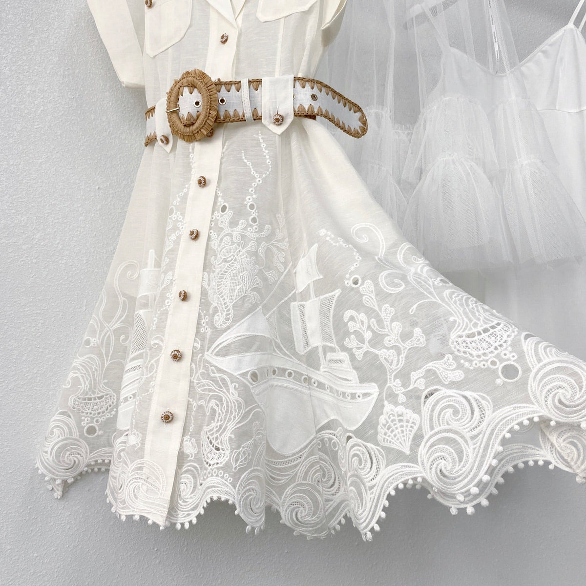Island Vacation Embroidered Waist-Cinching Lapel Shirt Dress