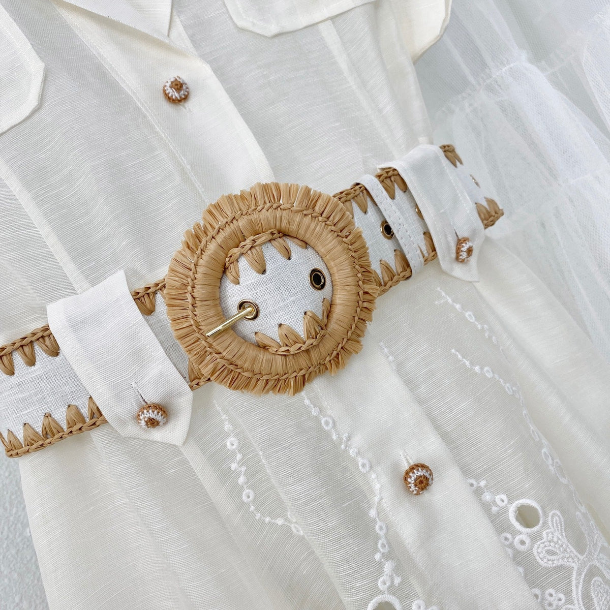 Island Vacation Embroidered Waist-Cinching Lapel Shirt Dress