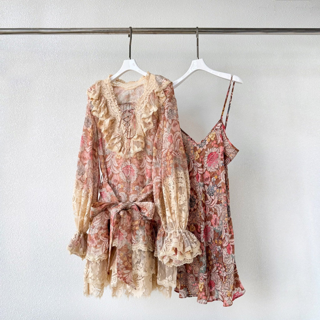 The Rebellion Lace-Up Mini Dress in Tan Floral