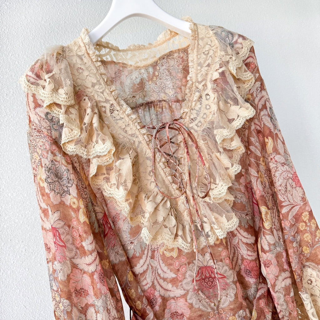 The Rebellion Lace-Up Mini Dress in Tan Floral