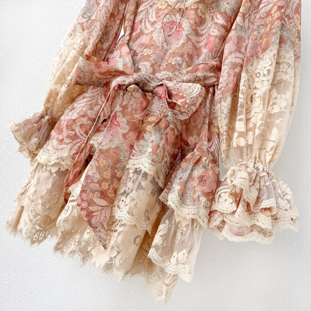 The Rebellion Lace-Up Mini Dress in Tan Floral