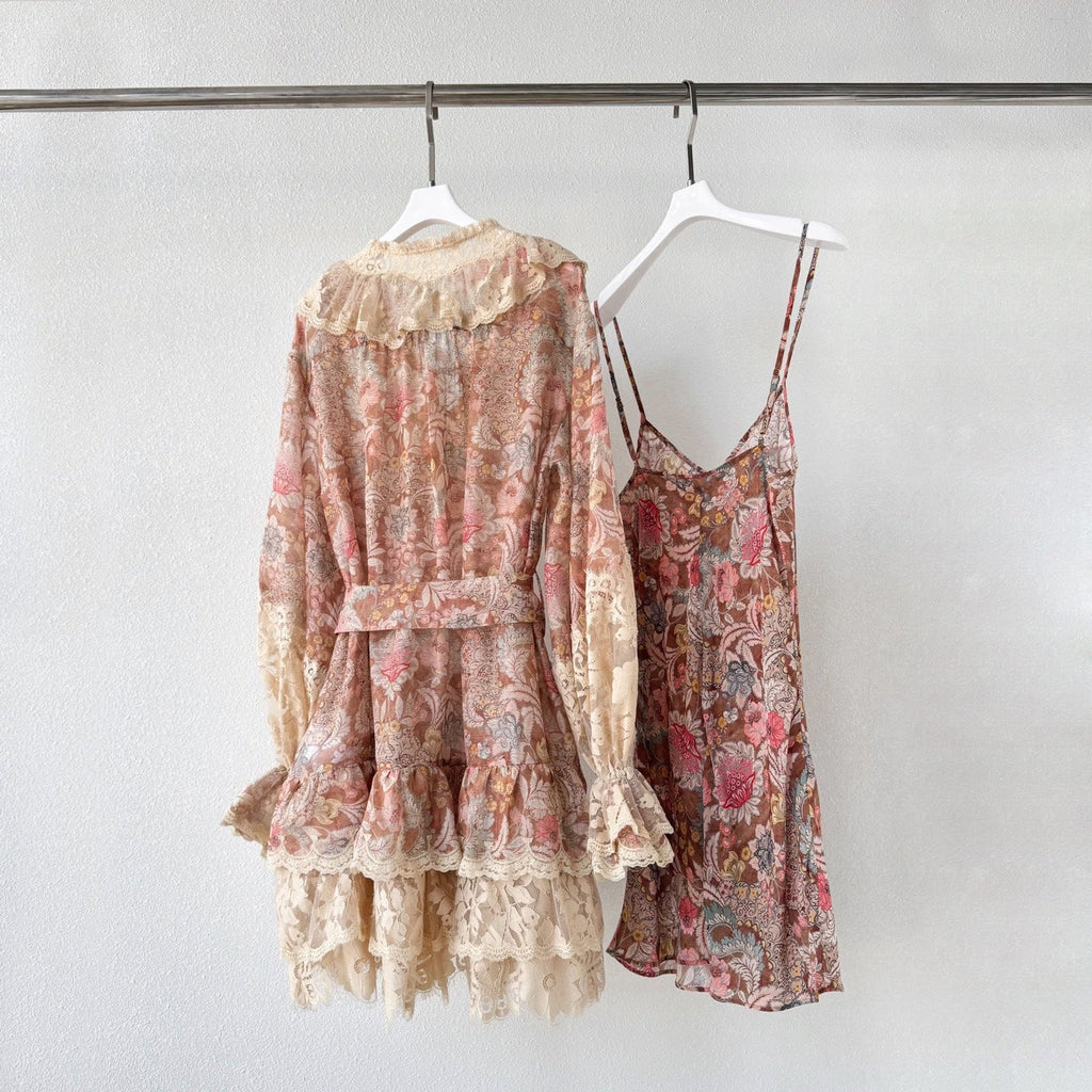 The Rebellion Lace-Up Mini Dress in Tan Floral