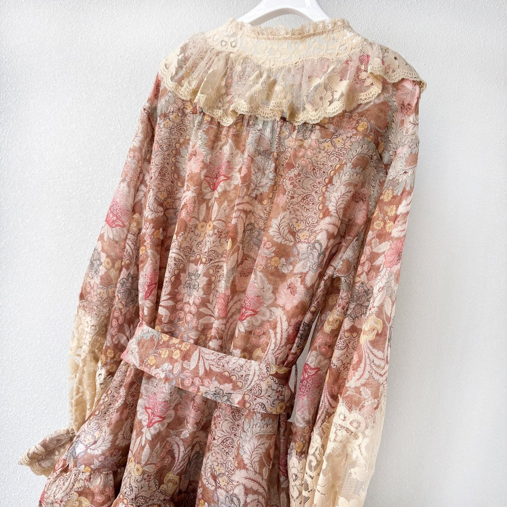 The Rebellion Lace-Up Mini Dress in Tan Floral