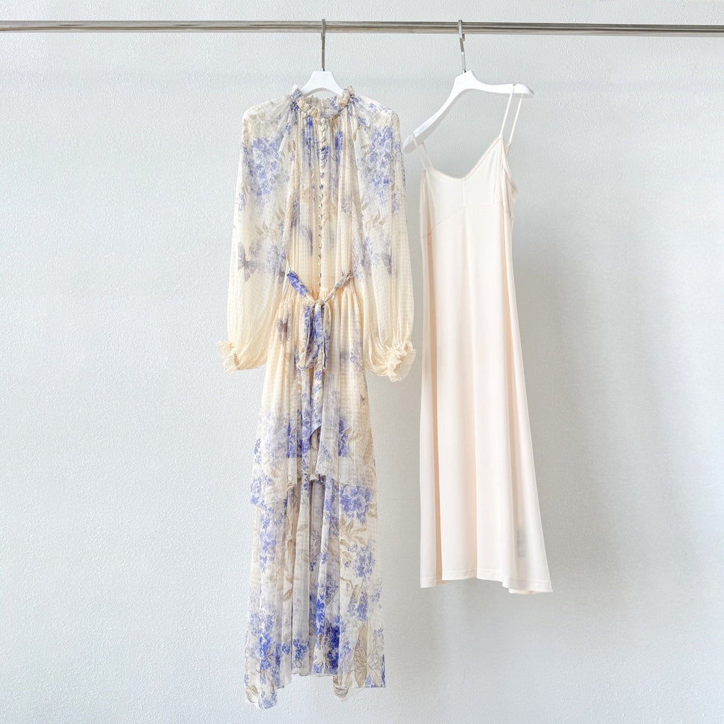 Indigo Wisteria Print Maxi Dress with Camisole Liner Two-Piece Set