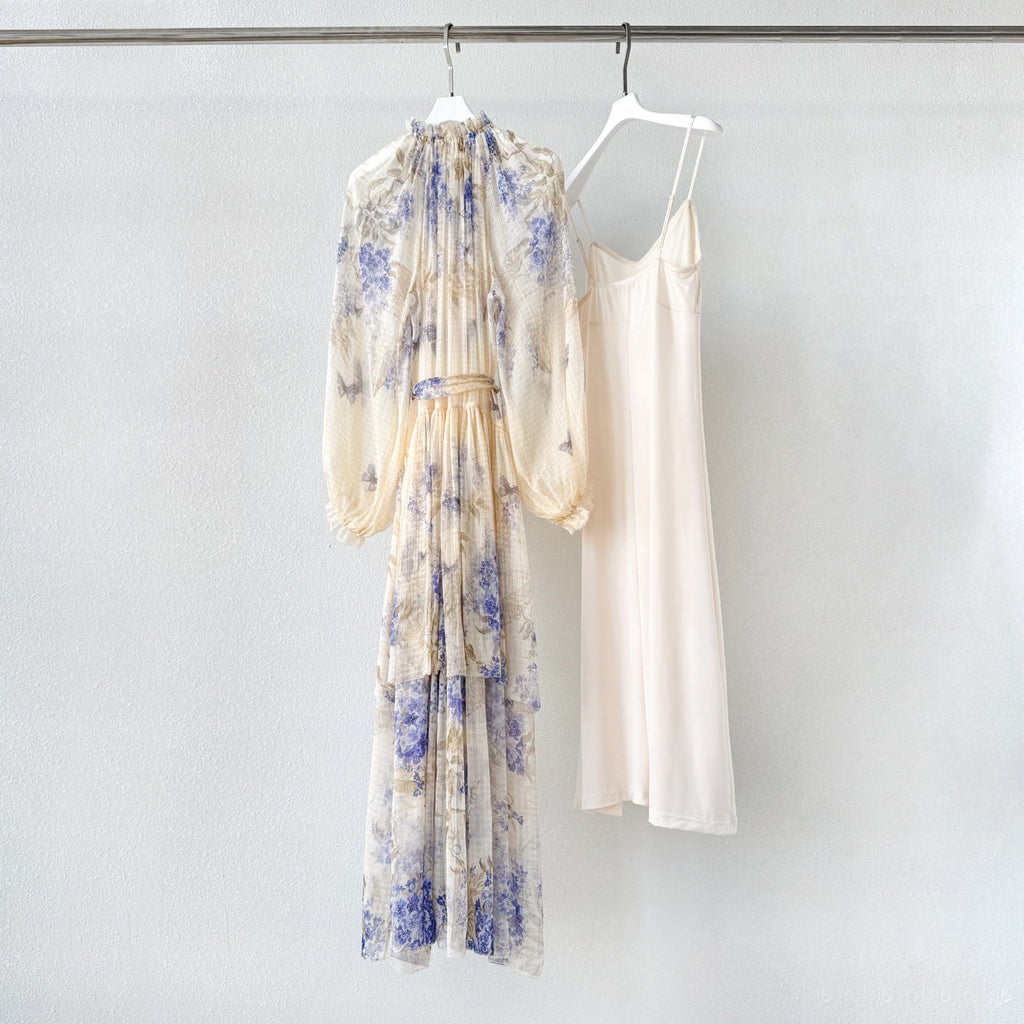 Indigo Wisteria Print Maxi Dress with Camisole Liner Two-Piece Set