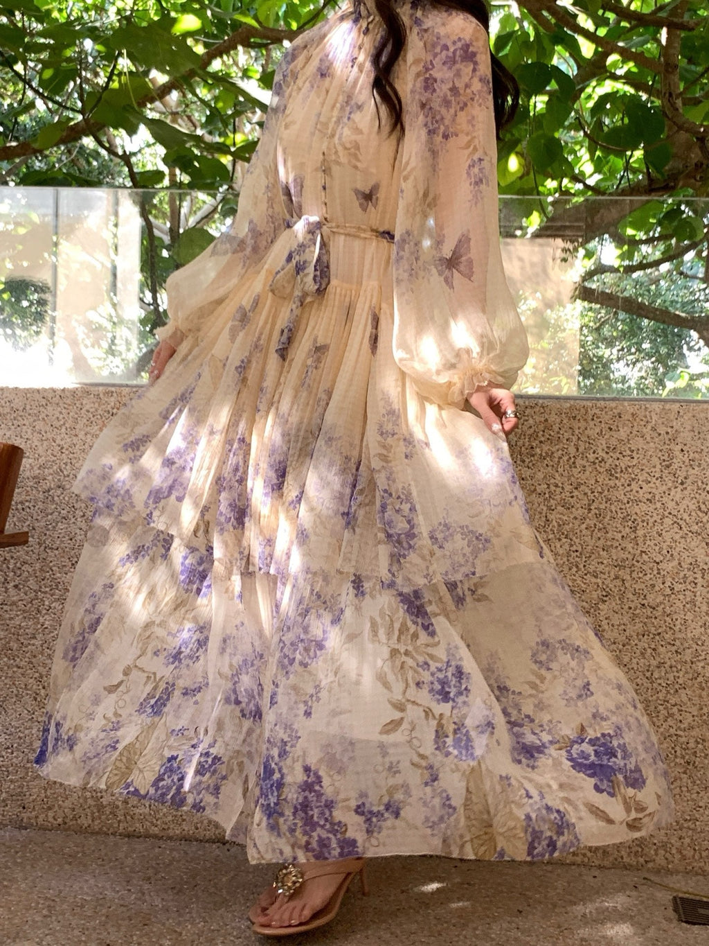 Indigo Wisteria Print Maxi Dress with Camisole Liner Two-Piece Set