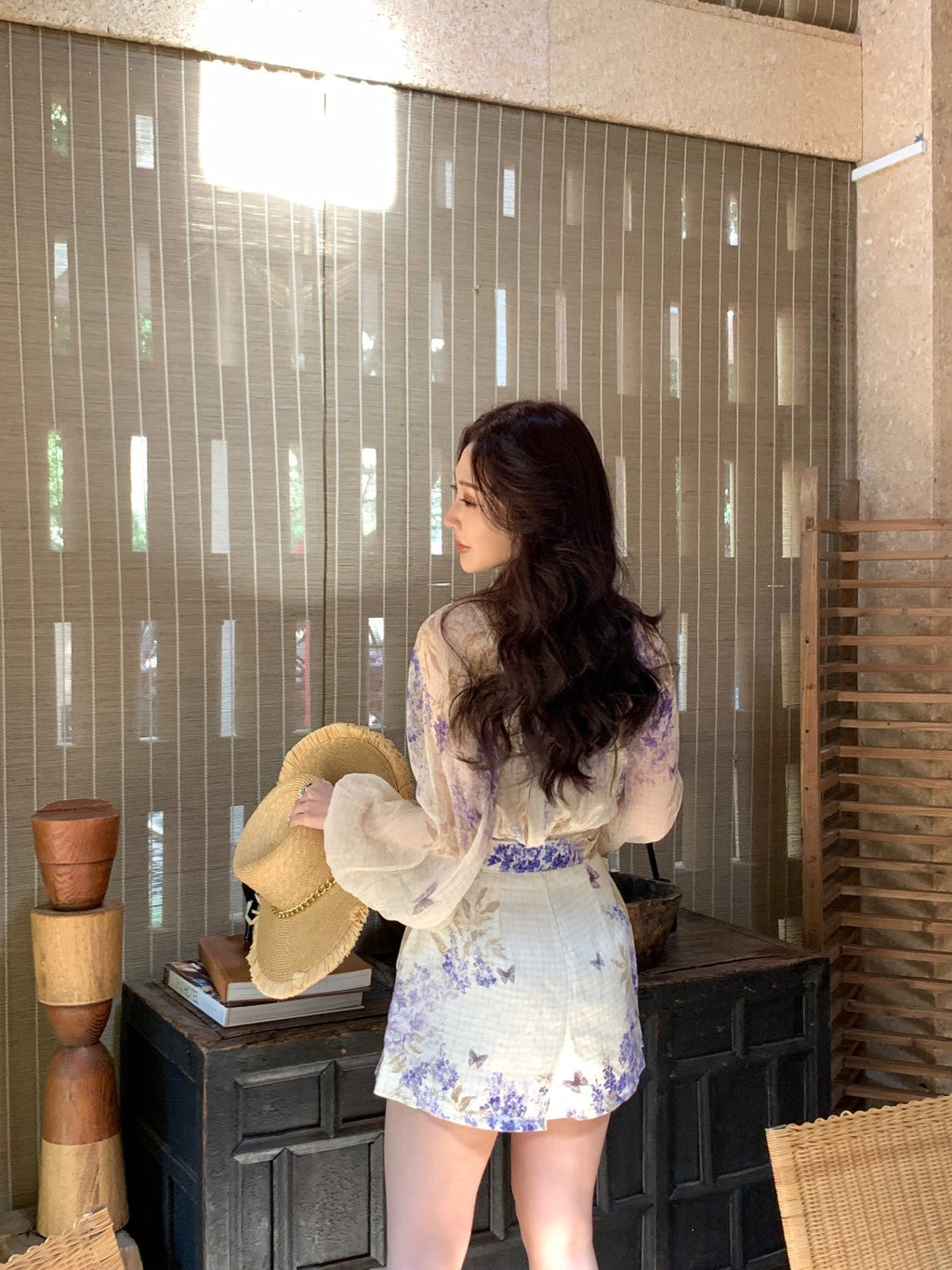 Indigo Wisteria Print Neck Tie Long Sleeve Blouse