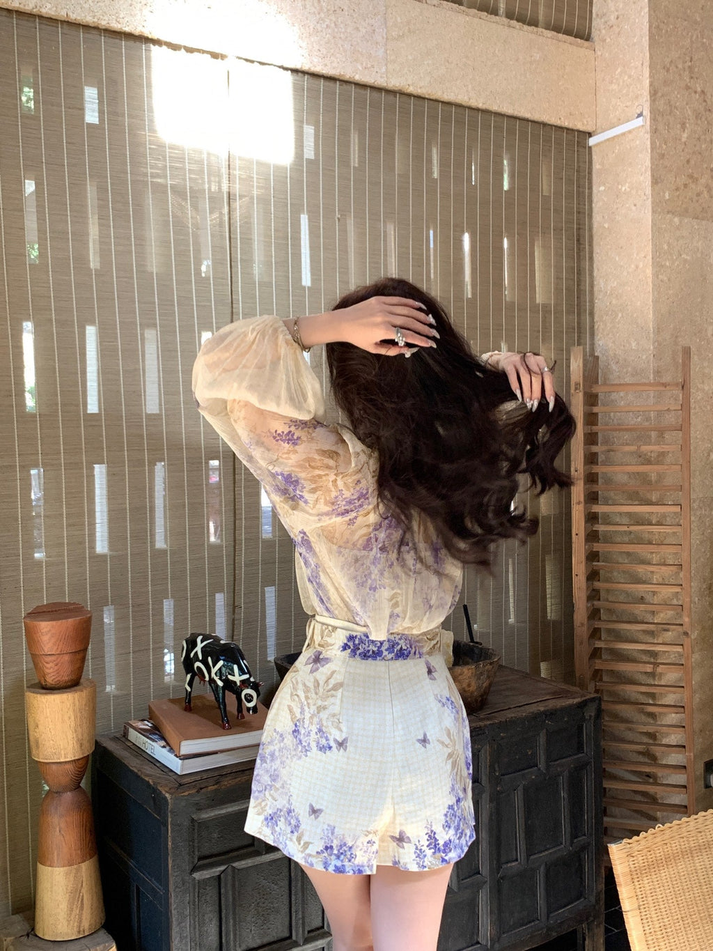 Indigo Wisteria Print Neck Tie Long Sleeve Blouse