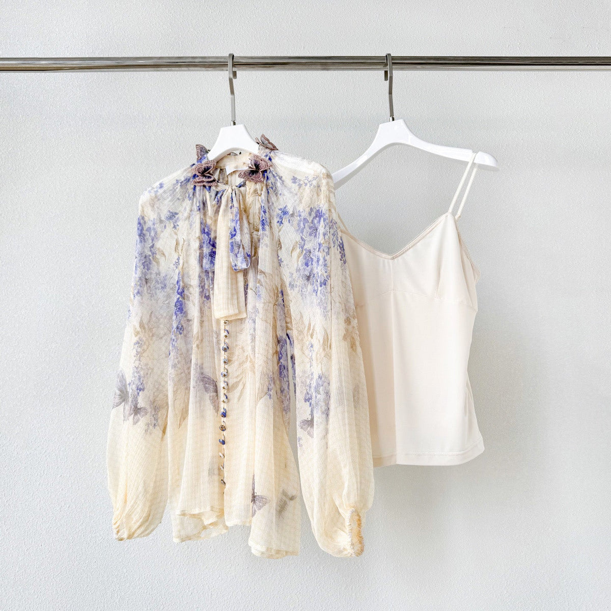 Indigo Wisteria Print Neck Tie Long Sleeve Blouse