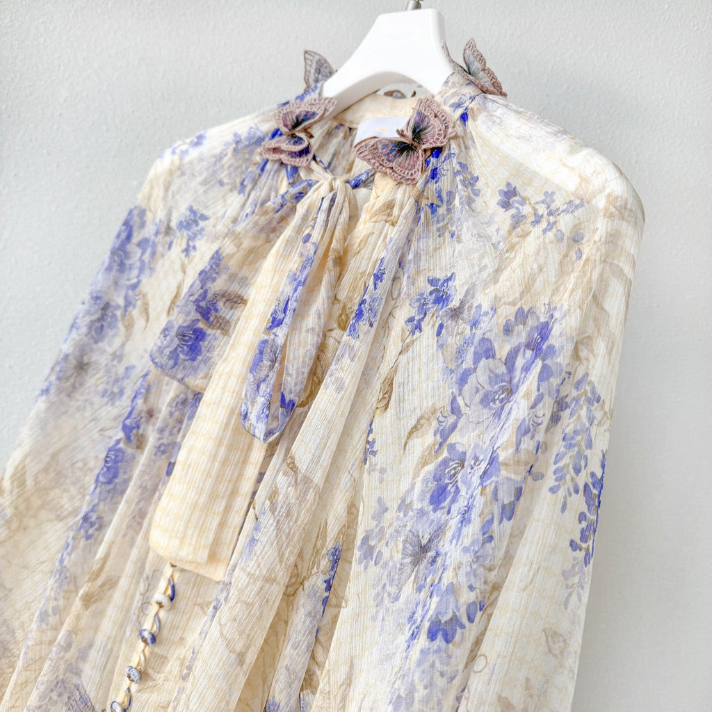 Indigo Wisteria Print Neck Tie Long Sleeve Blouse