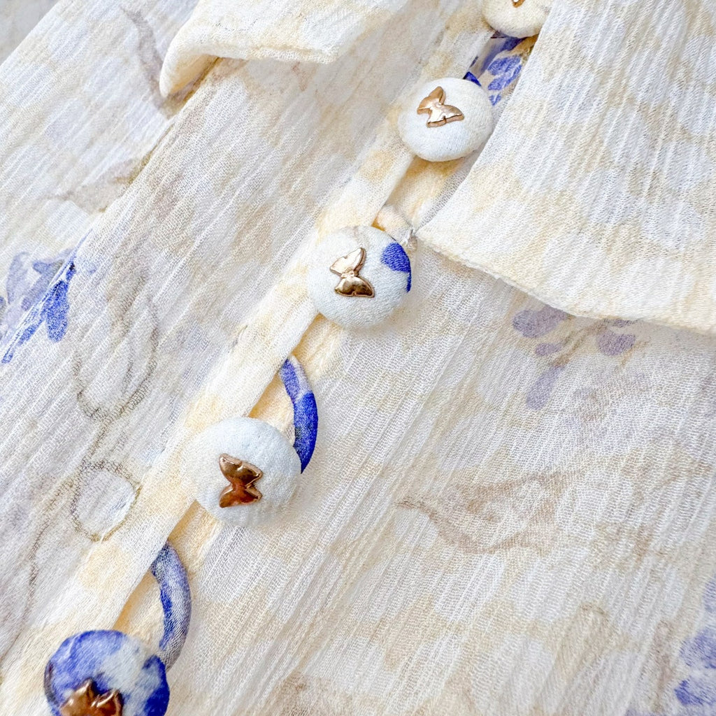 Indigo Wisteria Print Neck Tie Long Sleeve Blouse