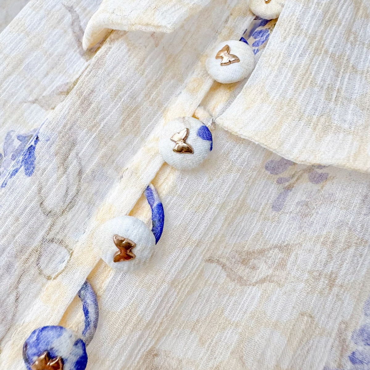 Indigo Wisteria Print Neck Tie Long Sleeve Blouse
