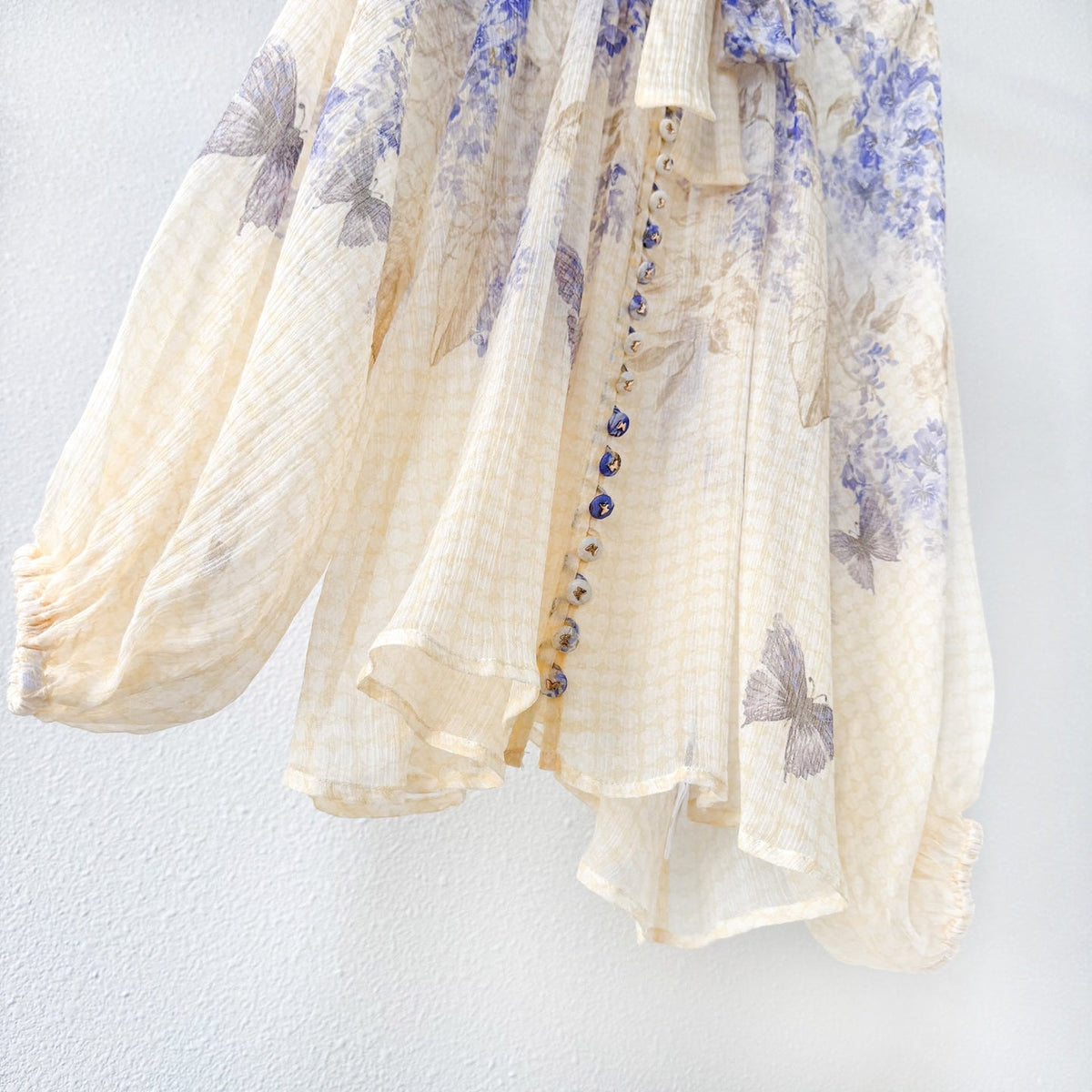 Indigo Wisteria Print Neck Tie Long Sleeve Blouse